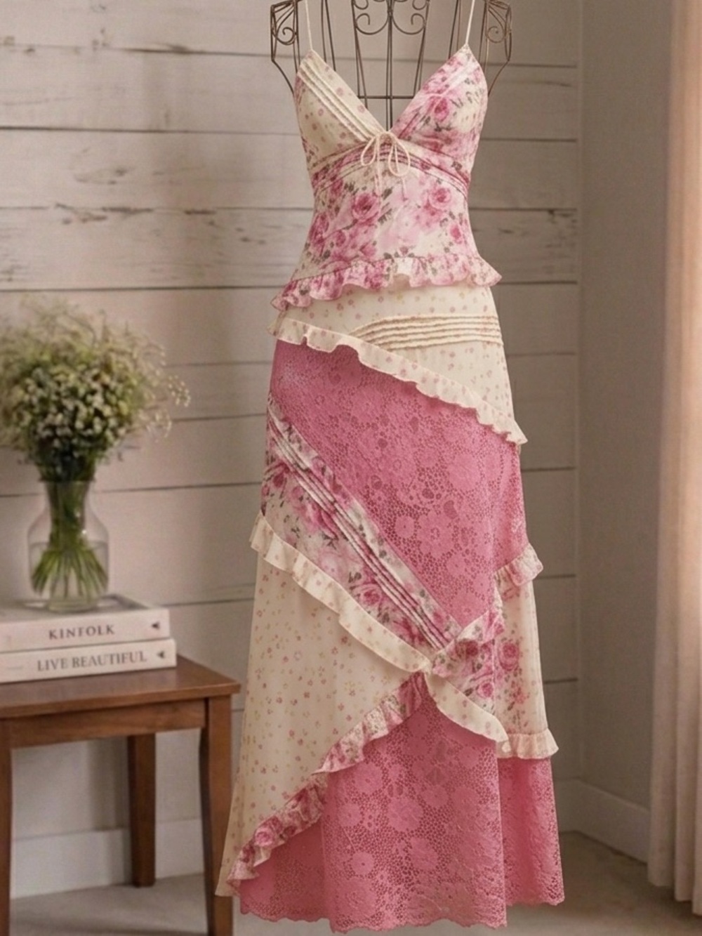 For Love & Lemons Rosalyn Lace Pink Floral Patchwork Maxi Dress S